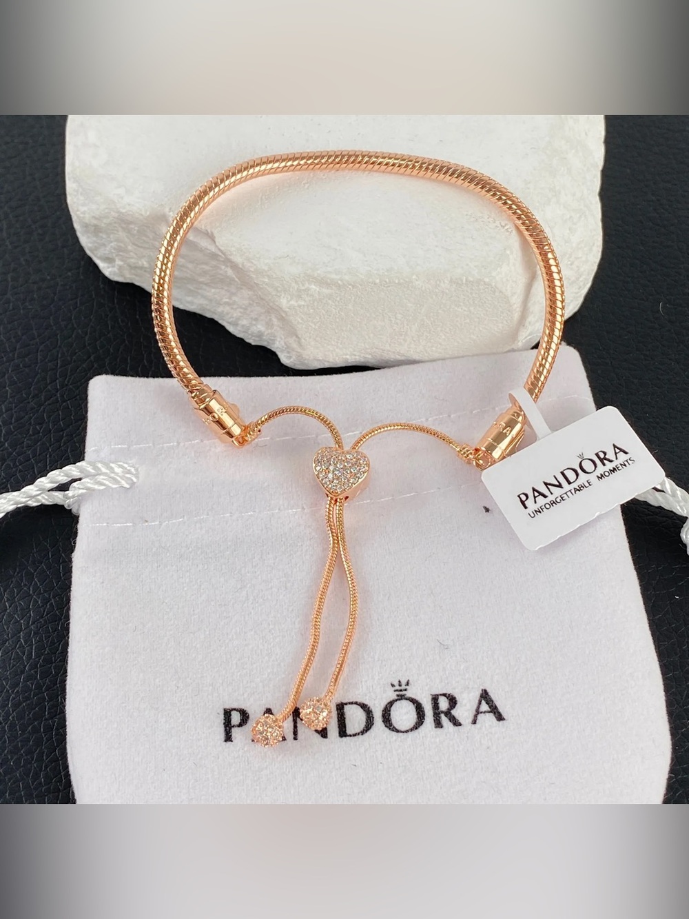 Pandora Rose Gold Heart Slider Bracelet with Pavé Accents